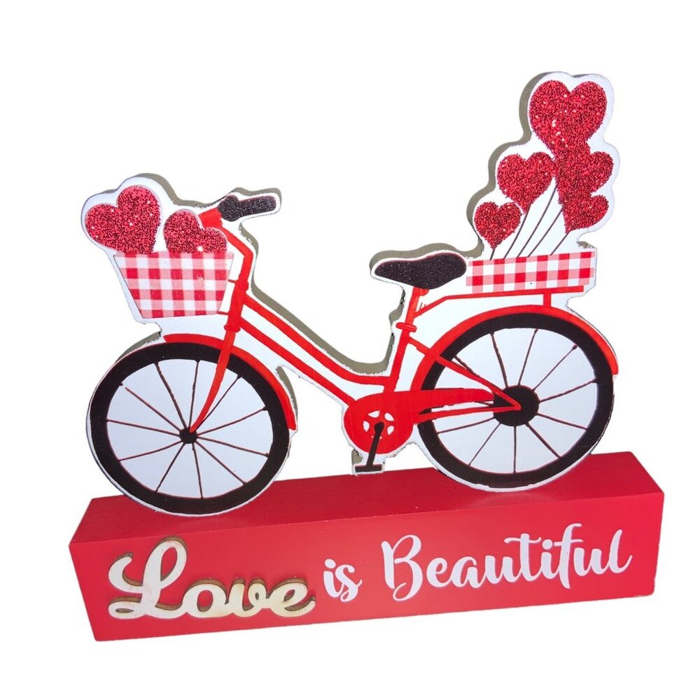 Red Bicycle Valentines Day Decorative Wooden Stand Love Is Beautiful - Picture 2 of 10
